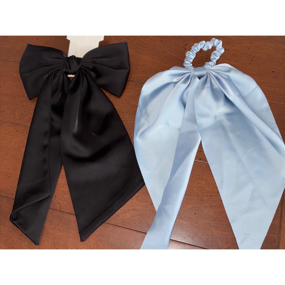 Satin Oversized Hair Bow Barrette & Scarf Scrunchie Set‎ Black Light Blue 2pc
